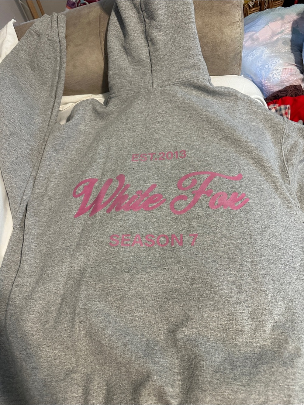 Tik tok made White Fox Gray Hoodie with Pink Logo - Season 7 on gildan